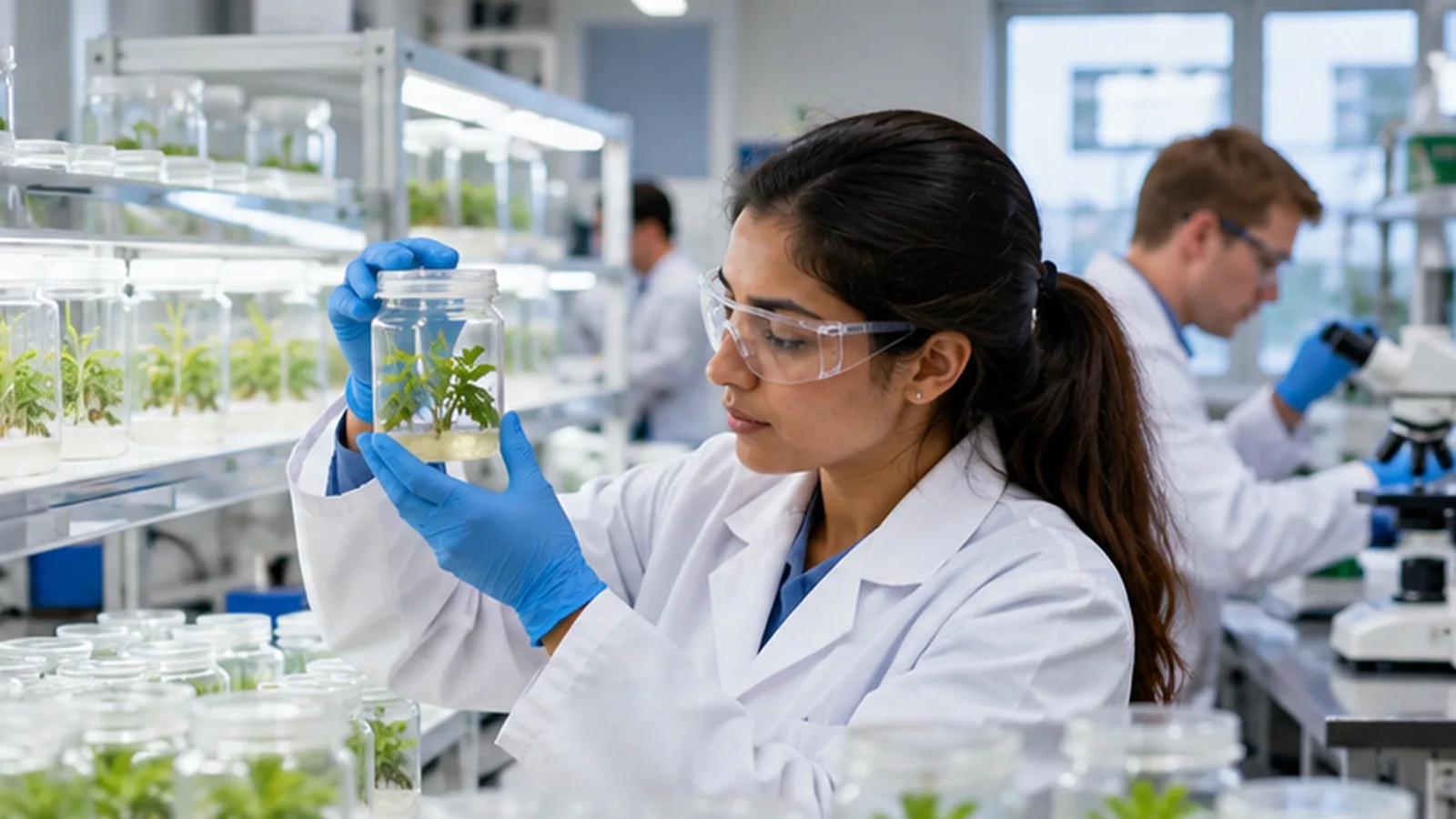 Concept of a researcher examining a young plant in a laboratory