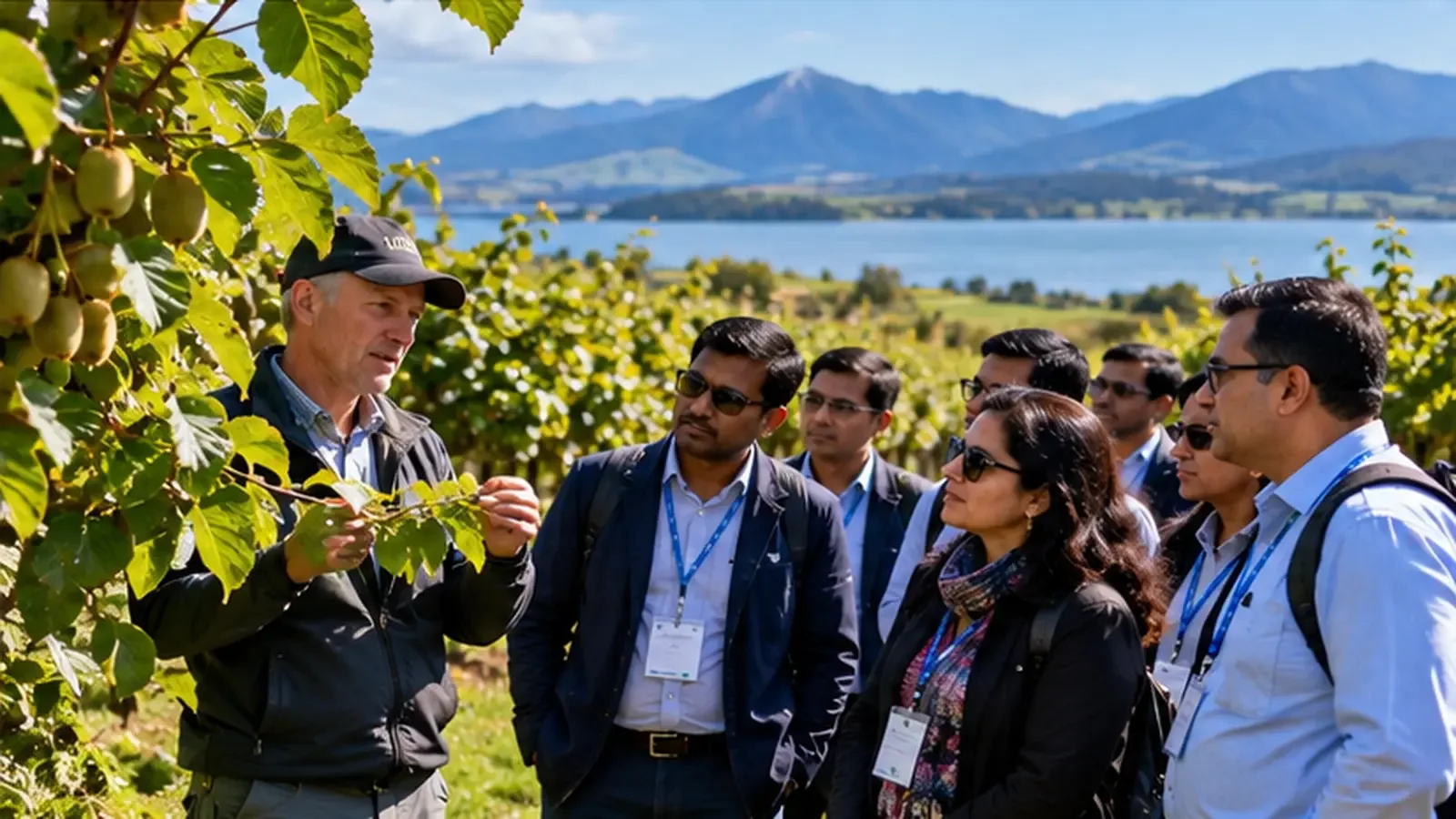 Concept of a professional delegation exchanging ideas in an orchard
