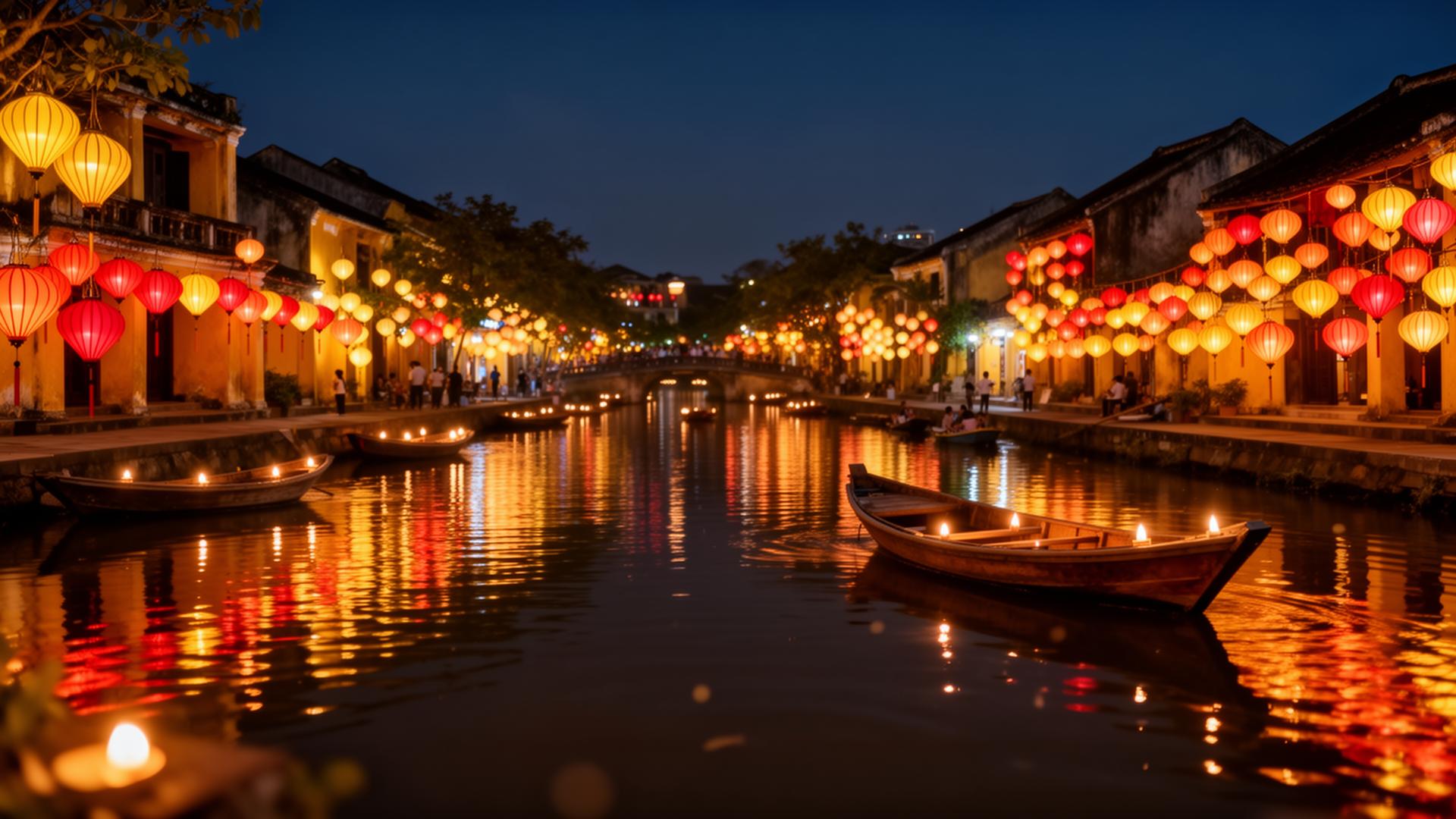 Hoi An lantern festival glowing on the river at night