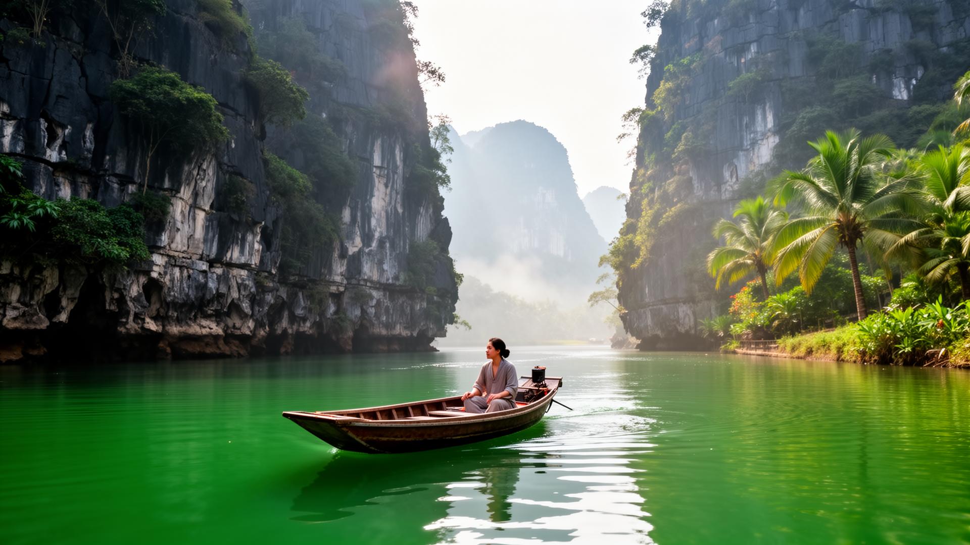 Sampan boat on Trang An river between limestone karsts