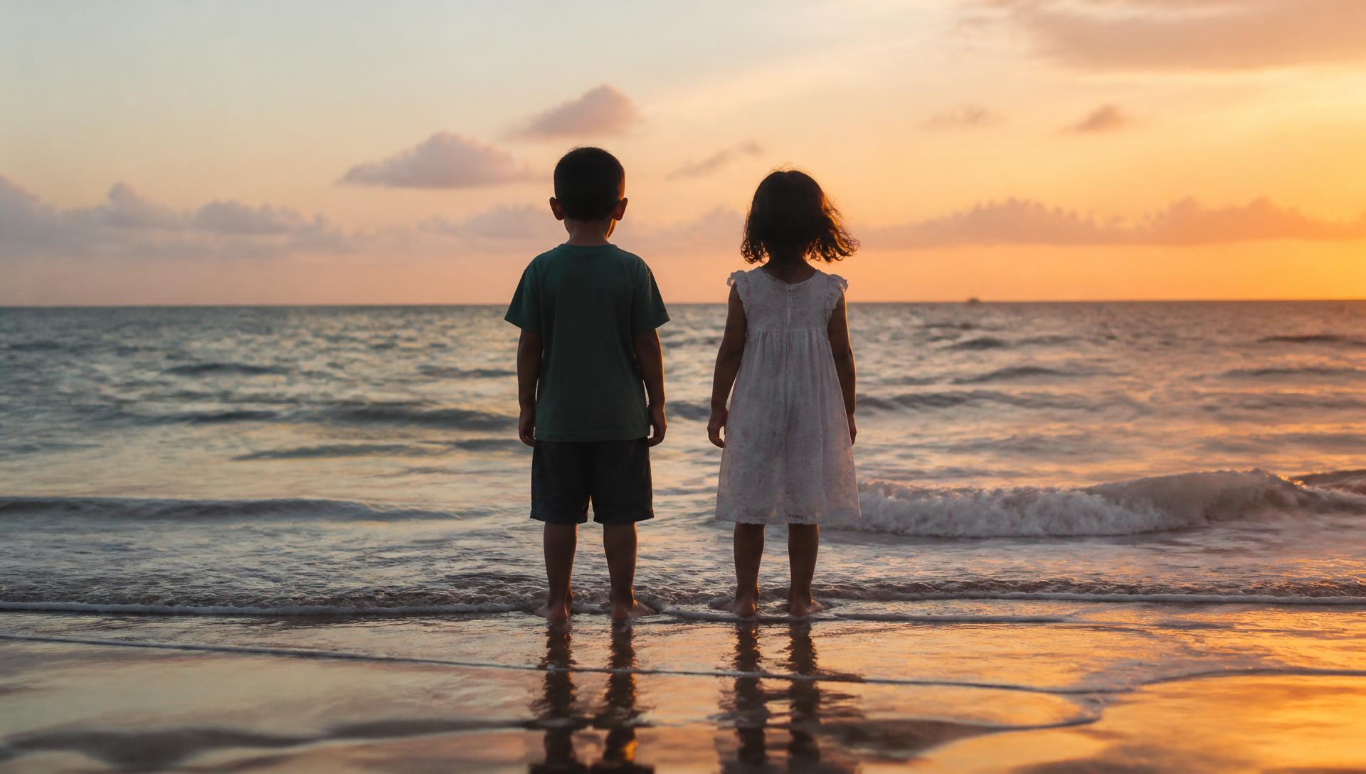 Two children standing at the edge of the sea at sunset