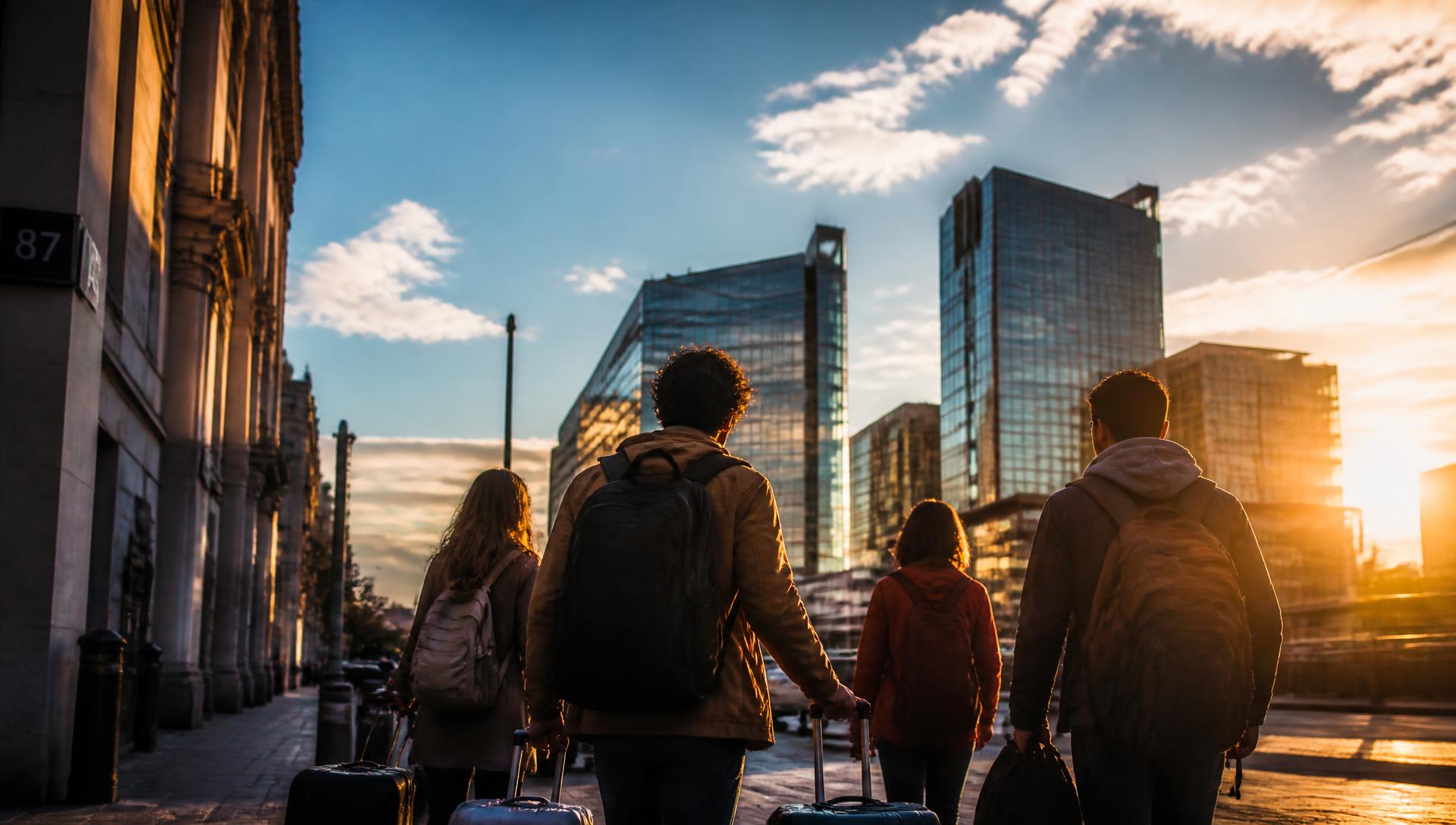 Young adults walking through a city at sunrise on a Journey Forward programme